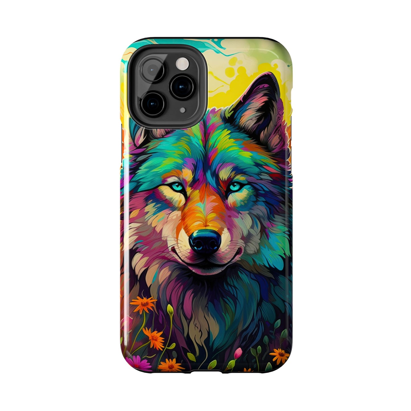 Rainbow Wolf in Bloom – iPhone Case with Vivid Nature Design