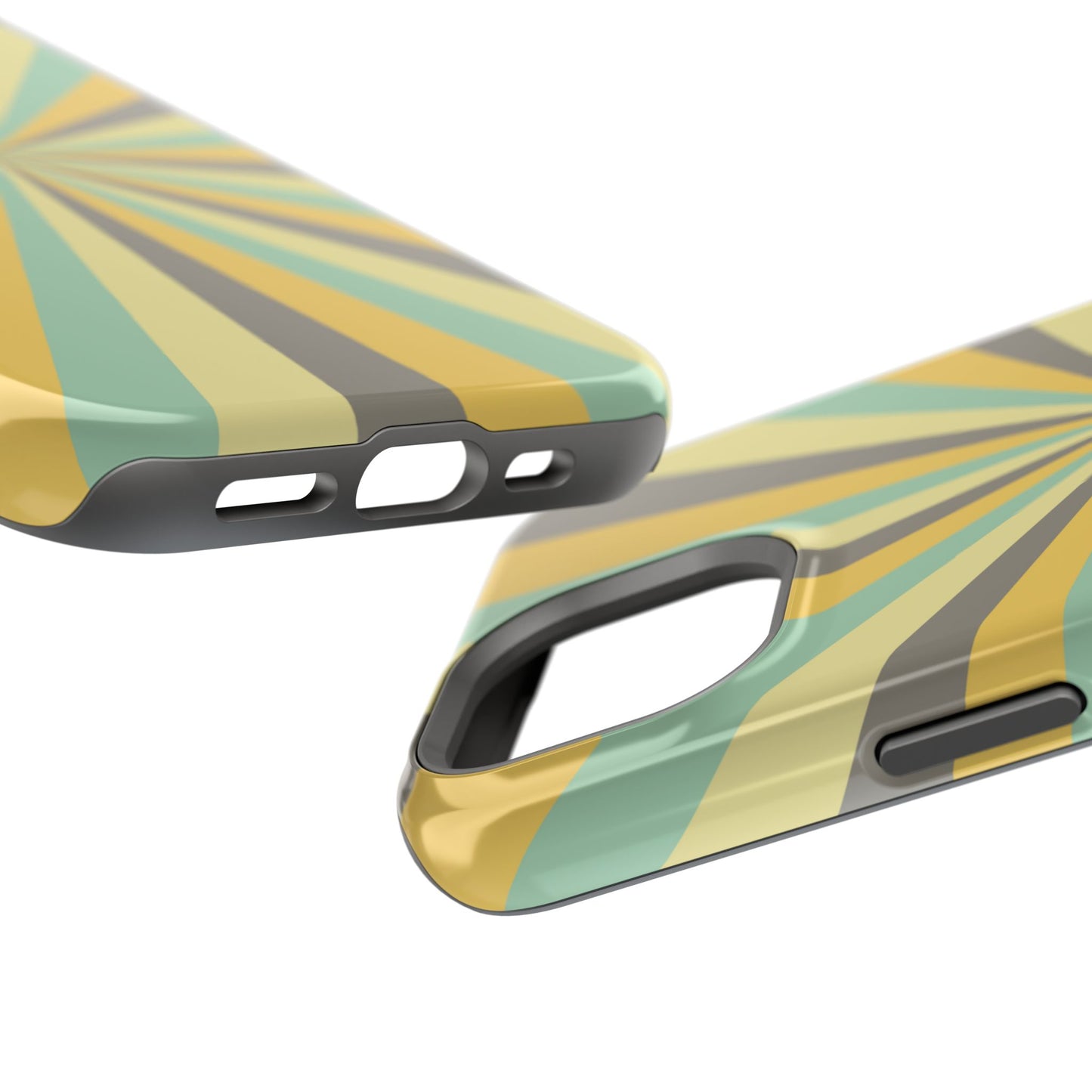 Vintage Sunburst Rays MagSafe iPhone Case – Bold 70s-Inspired Burst in Yellow, Mint, and Gray