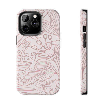 Blush Floral Line Art Tough iPhone Case – Delicate Minimalist Design with Dual-Layer Protection