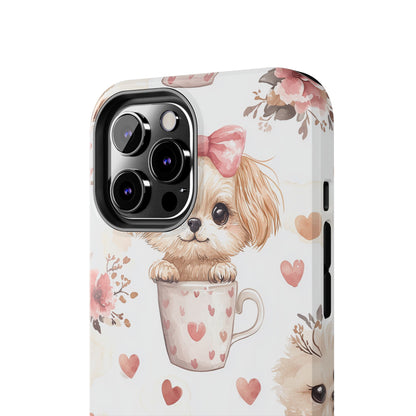 Cute Puppies in Heart Mugs iPhone Case – Adorable Dog & Floral Design, Shockproof & Slim - BOGO Cases