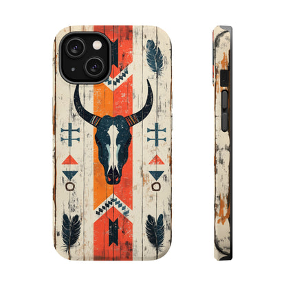 Rustic Western Bull Skull Tough MagSafe iPhone Case – Distressed Wood Design, Dual-Layer Protection