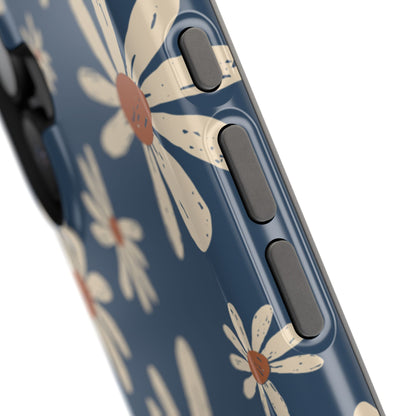 Vintage Daisies MagSafe iPhone Case – Navy Blue Floral Design, Scratch-Resistant with Shock-Absorbing Bumper