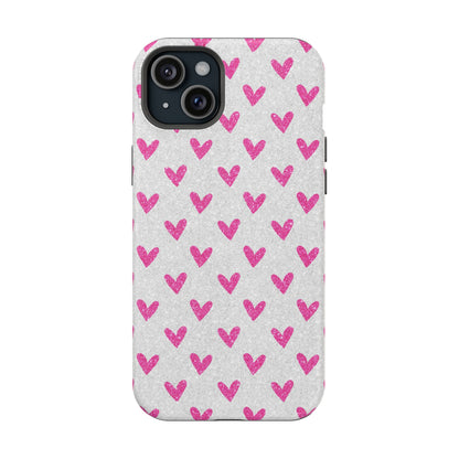 Pink Hearts on Glitter Silver – MagSafe iPhone Case