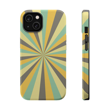 Vintage Sunburst Rays MagSafe iPhone Case – Bold 70s-Inspired Burst in Yellow, Mint, and Gray