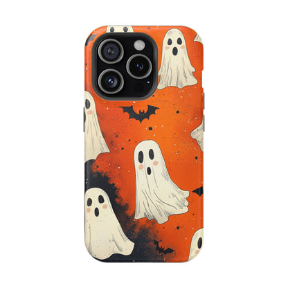 Spooky Ghosts & Bats  MagSafe iPhone Case – Vibrant Orange Halloween Design