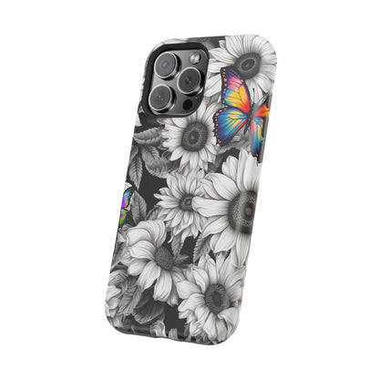 Rainbow Butterflies & Monochrome Sunflowers – MagSafe iPhone Case