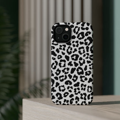 Monochrome Leopard Print Tough MagSafe iPhone Case – Classic Black and White Design with Dual-Layer Protection