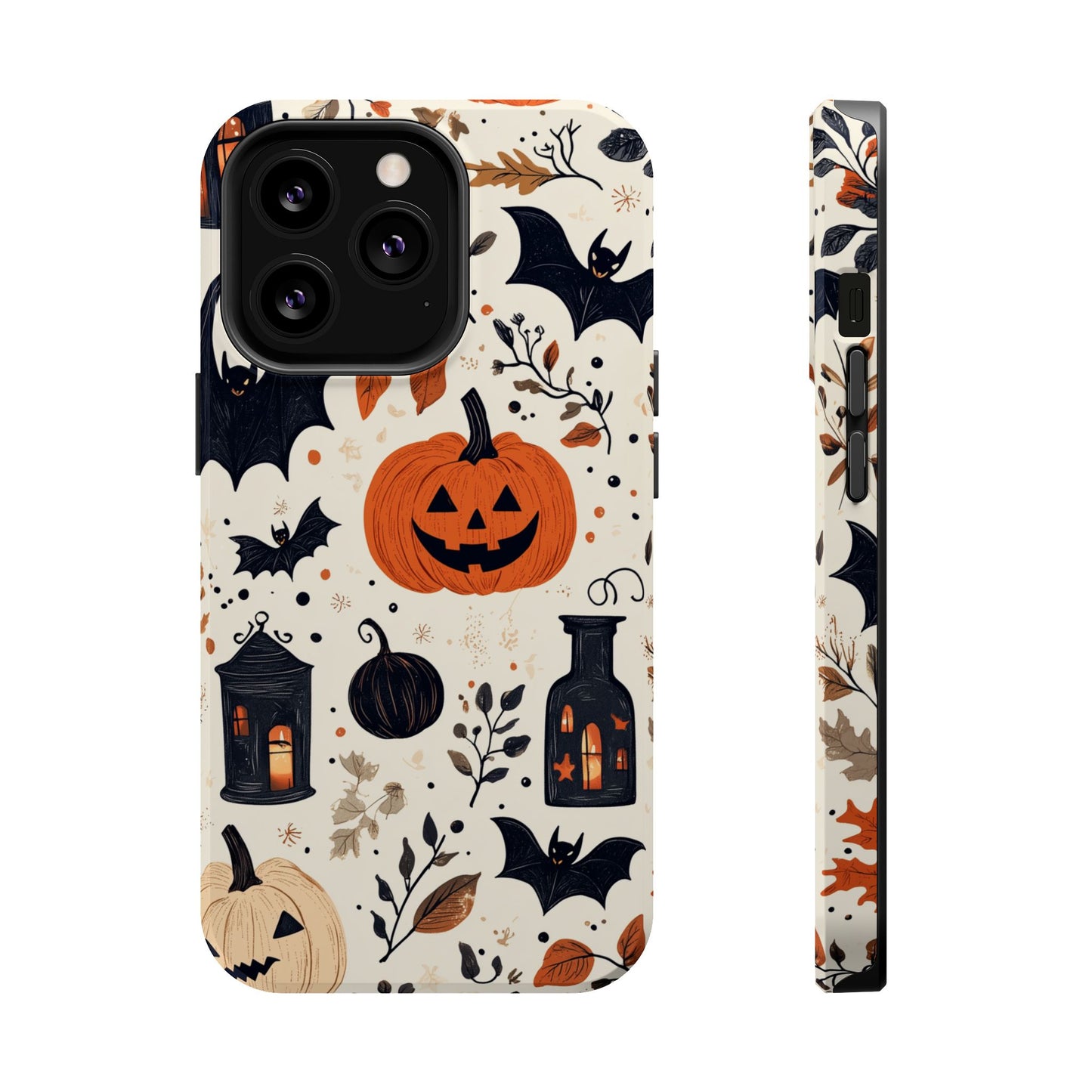 Charming Halloween MagSafe iPhone Case – Pumpkin, Bats, and Spooky Lantern Design