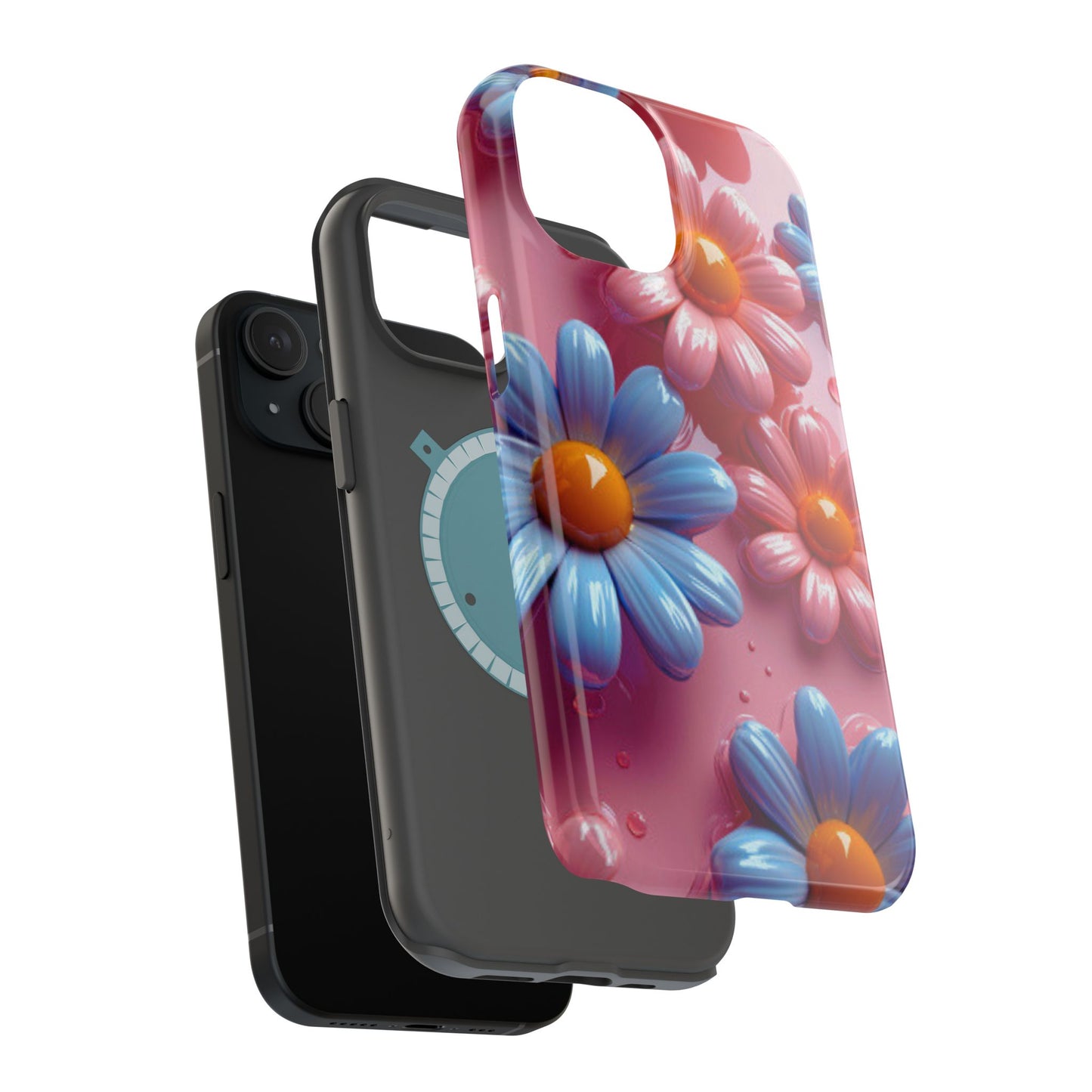 Pastel Daisy 3D MagSafe iPhone Case – Glossy Pink and Blue Floral Design, Full Protection