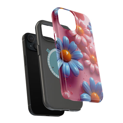 Pastel Daisy 3D MagSafe iPhone Case – Glossy Pink and Blue Floral Design, Full Protection