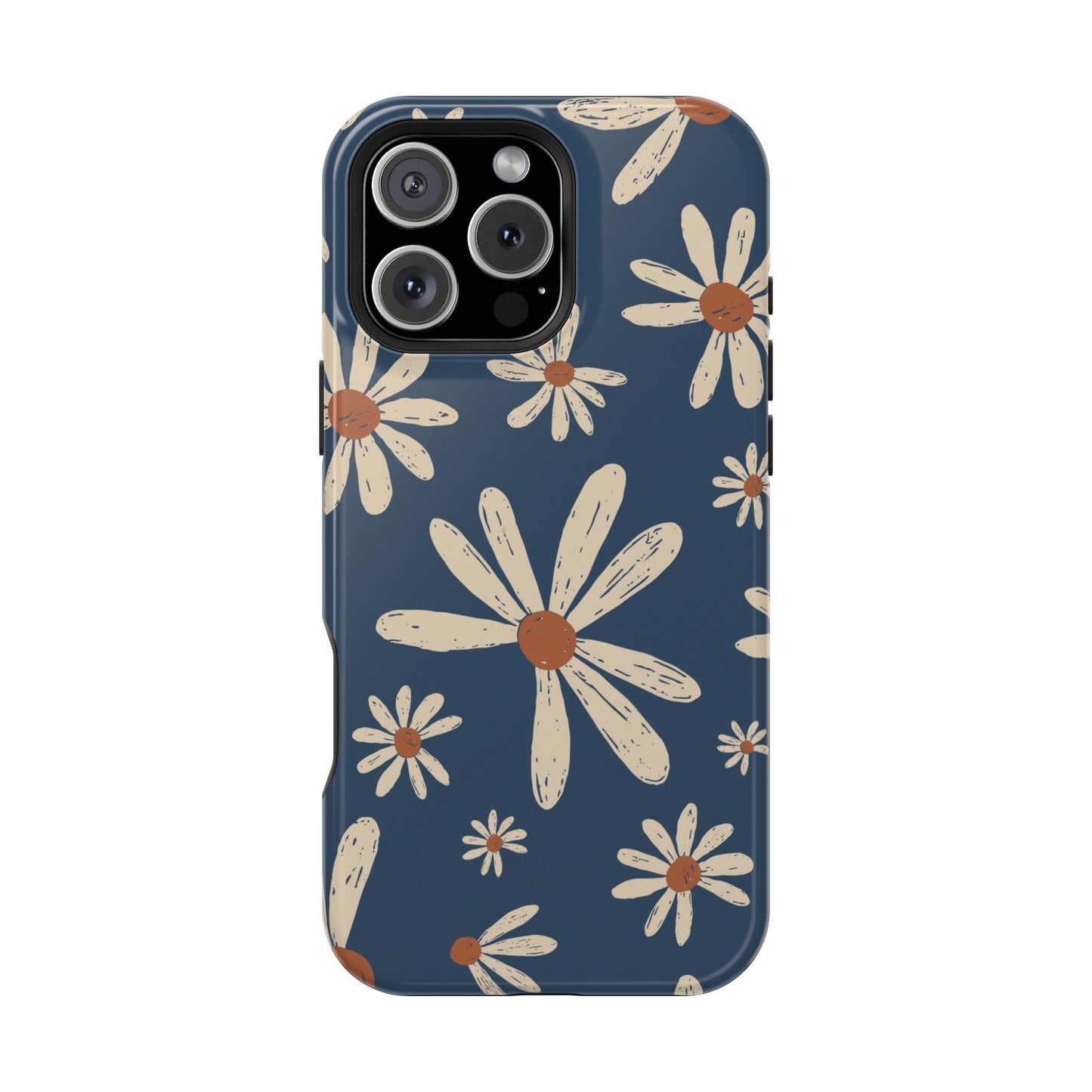 Vintage Daisies MagSafe iPhone Case – Navy Blue Floral Design, Scratch-Resistant with Shock-Absorbing Bumper