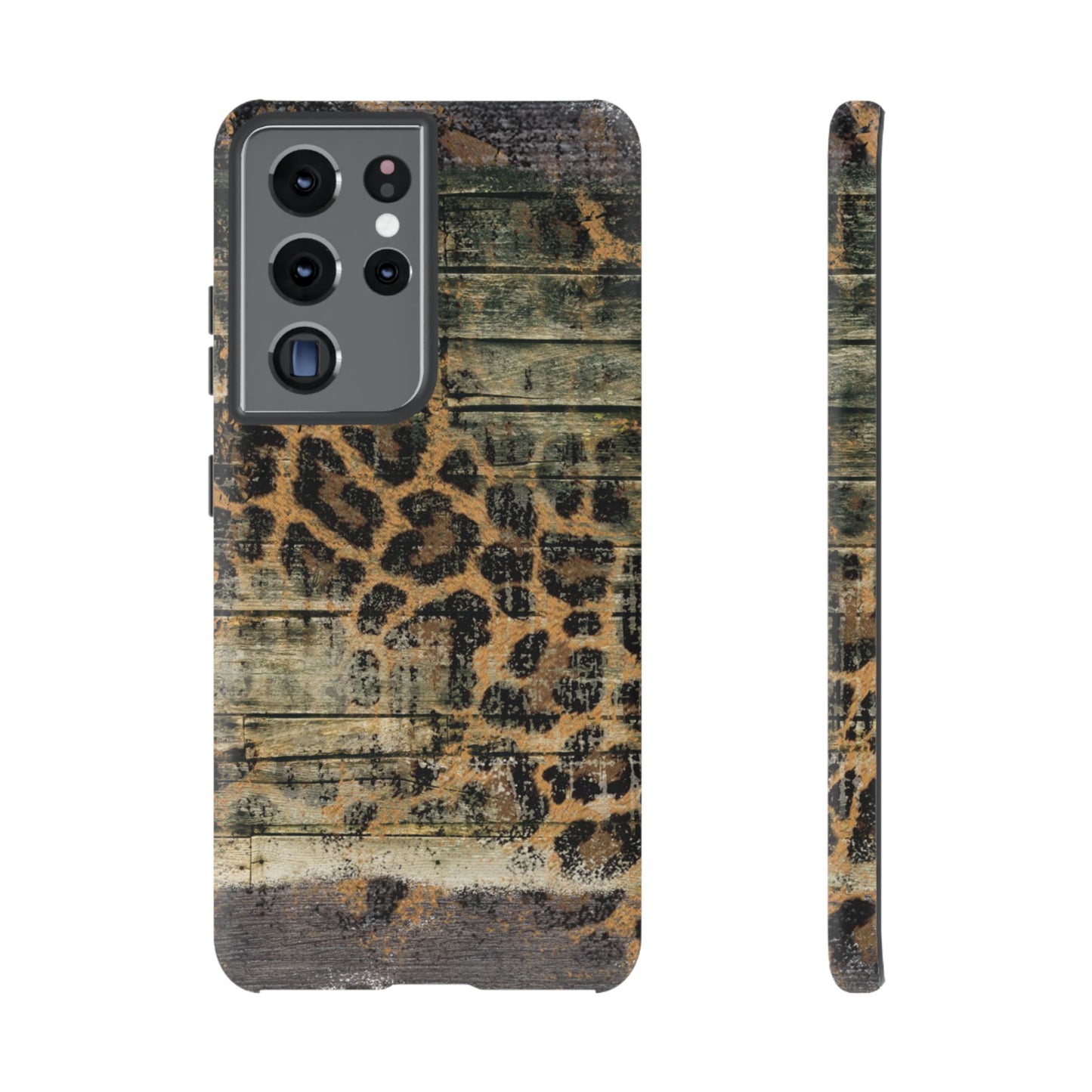 Rustic Wood and Leopard Print Tough Samsung Galaxy Case – Distressed Western Design with Dual-Layer Protection