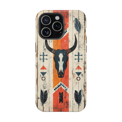 Rustic Western Bull Skull Tough MagSafe iPhone Case – Distressed Wood Design, Dual-Layer Protection