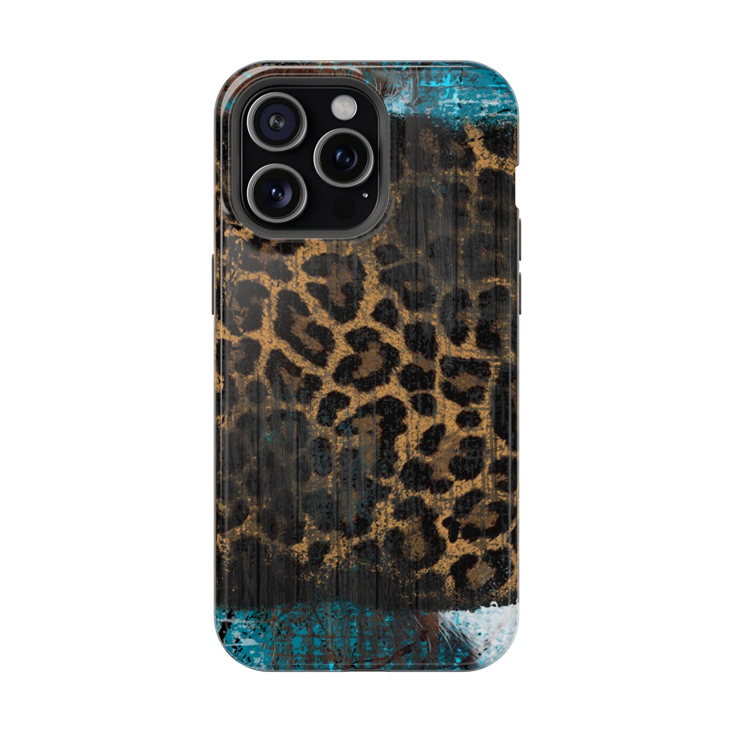 Boho Leopard and Turquoise Tough MagSafe iPhone Case – Rustic Western Design with Dual-Layer Protection