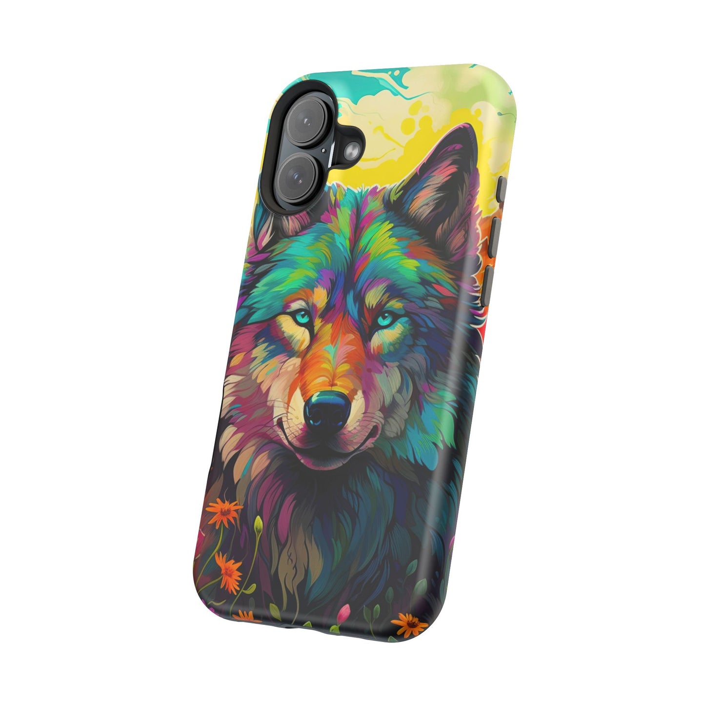 Rainbow Wolf in Bloom – MagSafe iPhone Case with Nature-Inspired Design