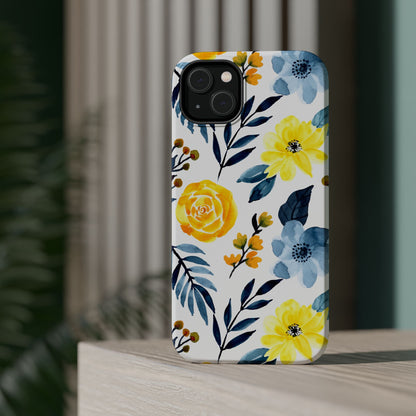 Golden Yellow & Sky Blue Floral – Watercolor Botanical MagSafe iPhone Case