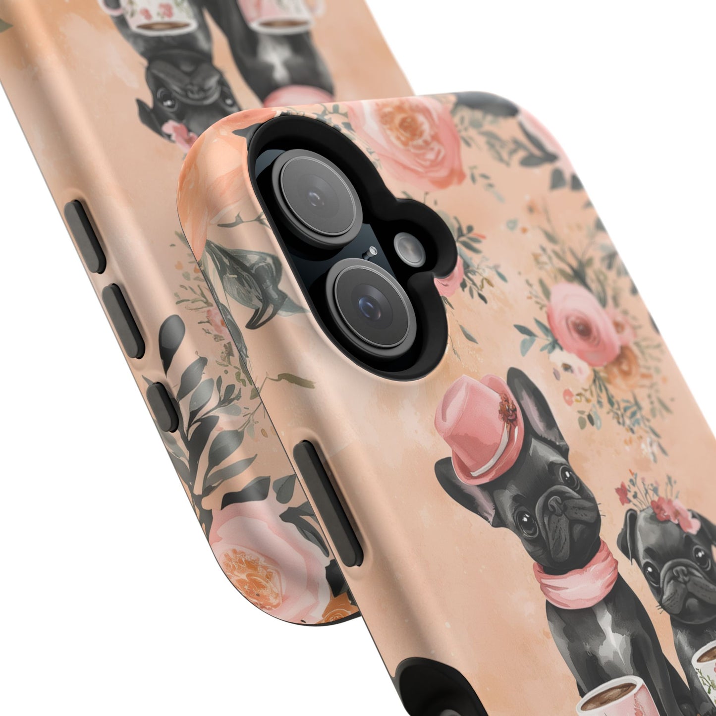 Floral French Bulldogs MagSafe iPhone Case – Elegant Dog Design with Tea Cups & Roses, Shockproof Protection