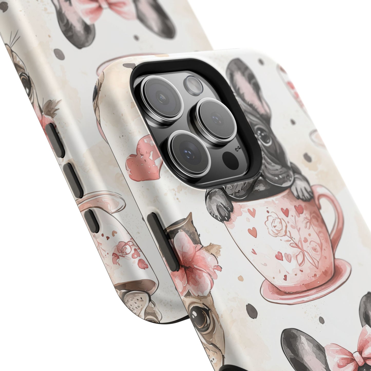 French Bulldogs in Teacups MagSafe iPhone Case – Cute Dog Design with Hearts & Bows, Shockproof & Slim