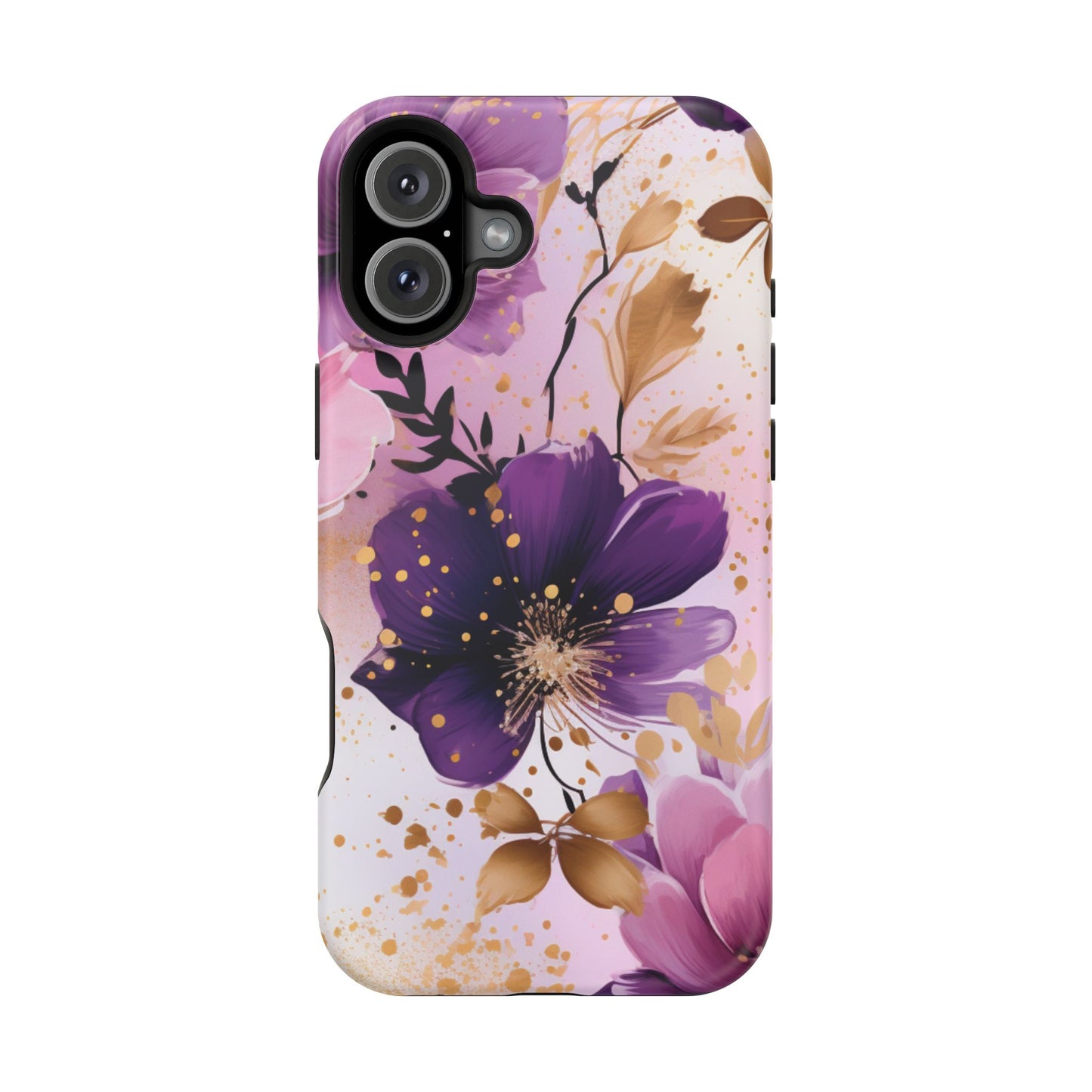 Elegant Purple & Gold Floral MagSafe iPhone Case - Luxe Flower Design