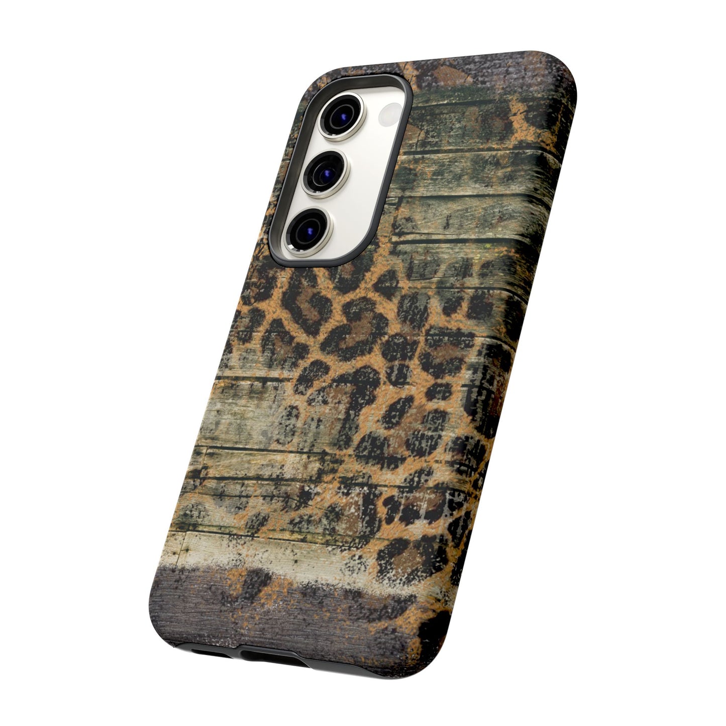 Rustic Wood and Leopard Print Tough Samsung Galaxy Case – Distressed Western Design with Dual-Layer Protection