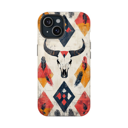 Western Bull Skull & Feathers Tough Mag Safe iPhone Case – Bold Tribal Design, Dual-Layer Protection