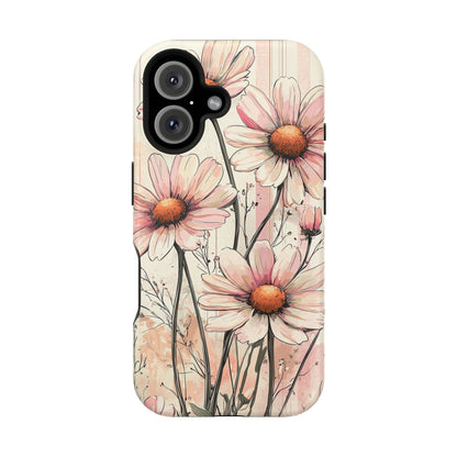 Pastel Pink Daisy MagSafe iPhone Case - Elegant Floral Plaid Protective Cover