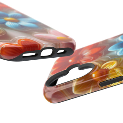 Glossy Retro Flower MagSafe iPhone Case – Colorful 3D Floral Design, Durable Protection