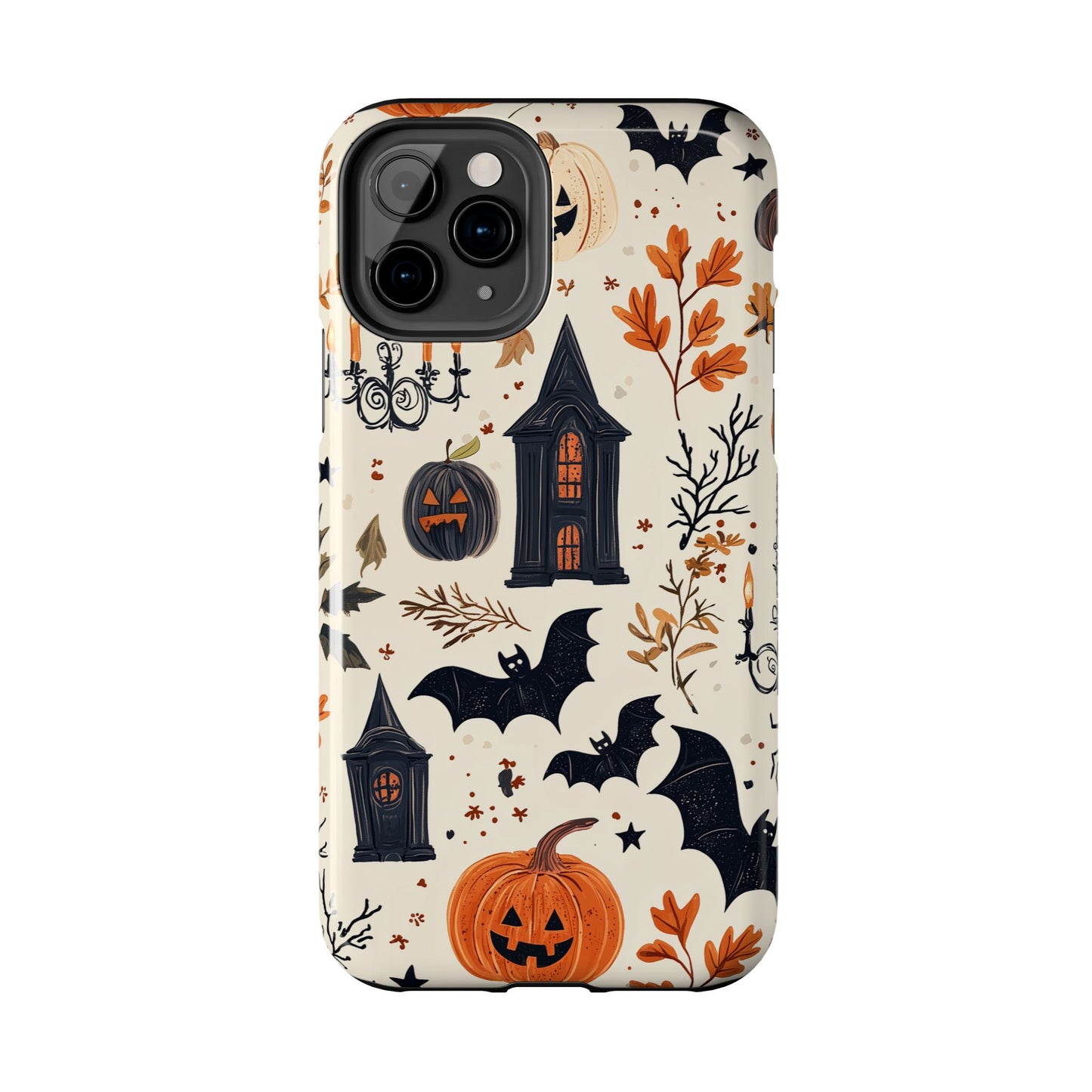 Haunted Halloween iPhone Case – Haunted House, Bats, and Pumpkins Design