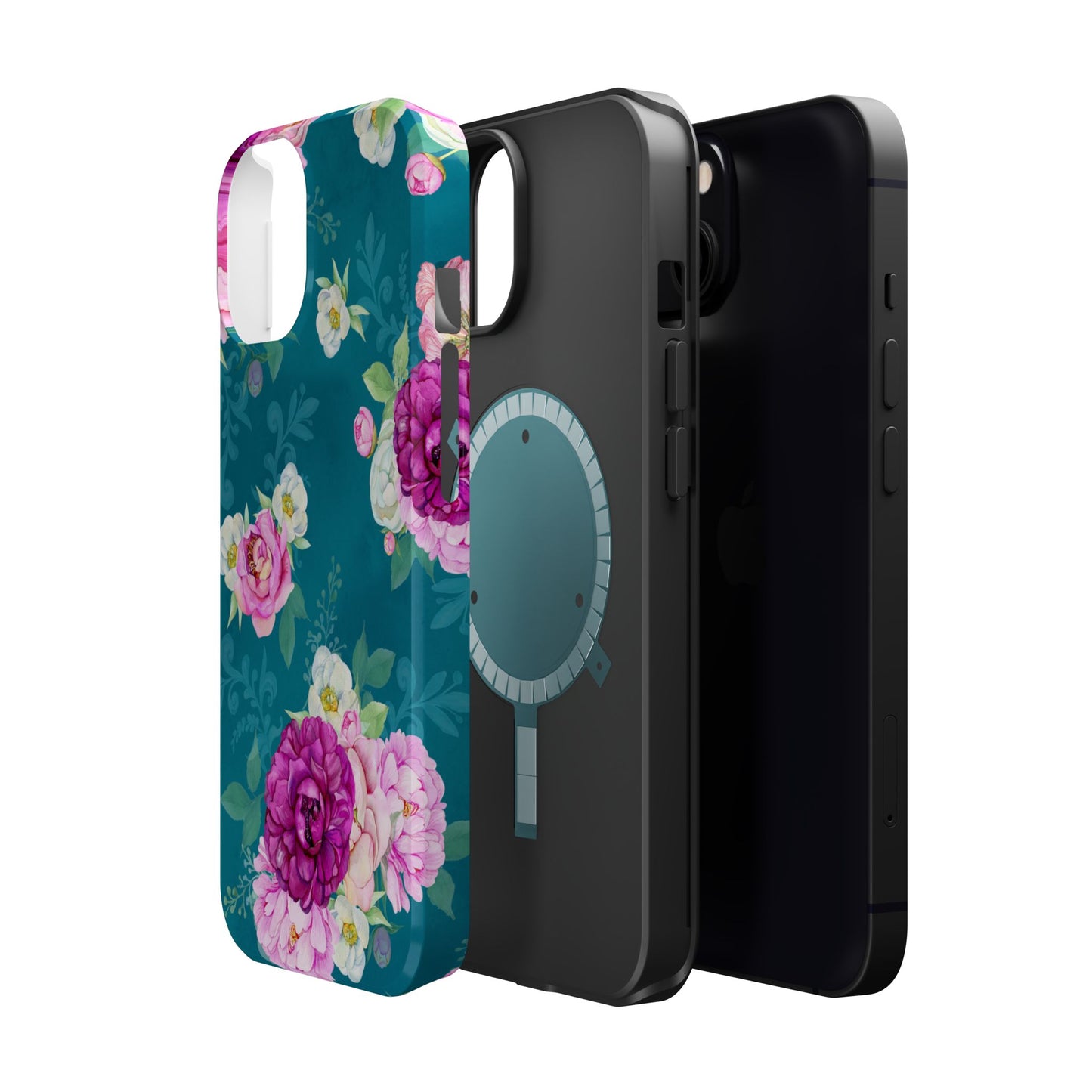 Elegant Peony Bouquet MagSafe iPhone Case – Deep Teal Background with Romantic Floral Design