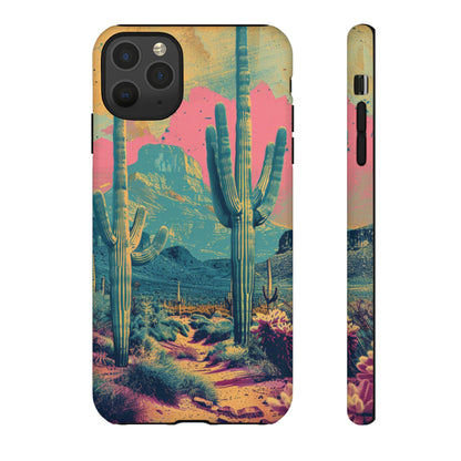 Desert Oasis Retro Cactus Phone Case - Vibrant Sunset Landscape for iPhone 15/14/13/12, Samsung S24/S23/S22/S21, & Google Pixel