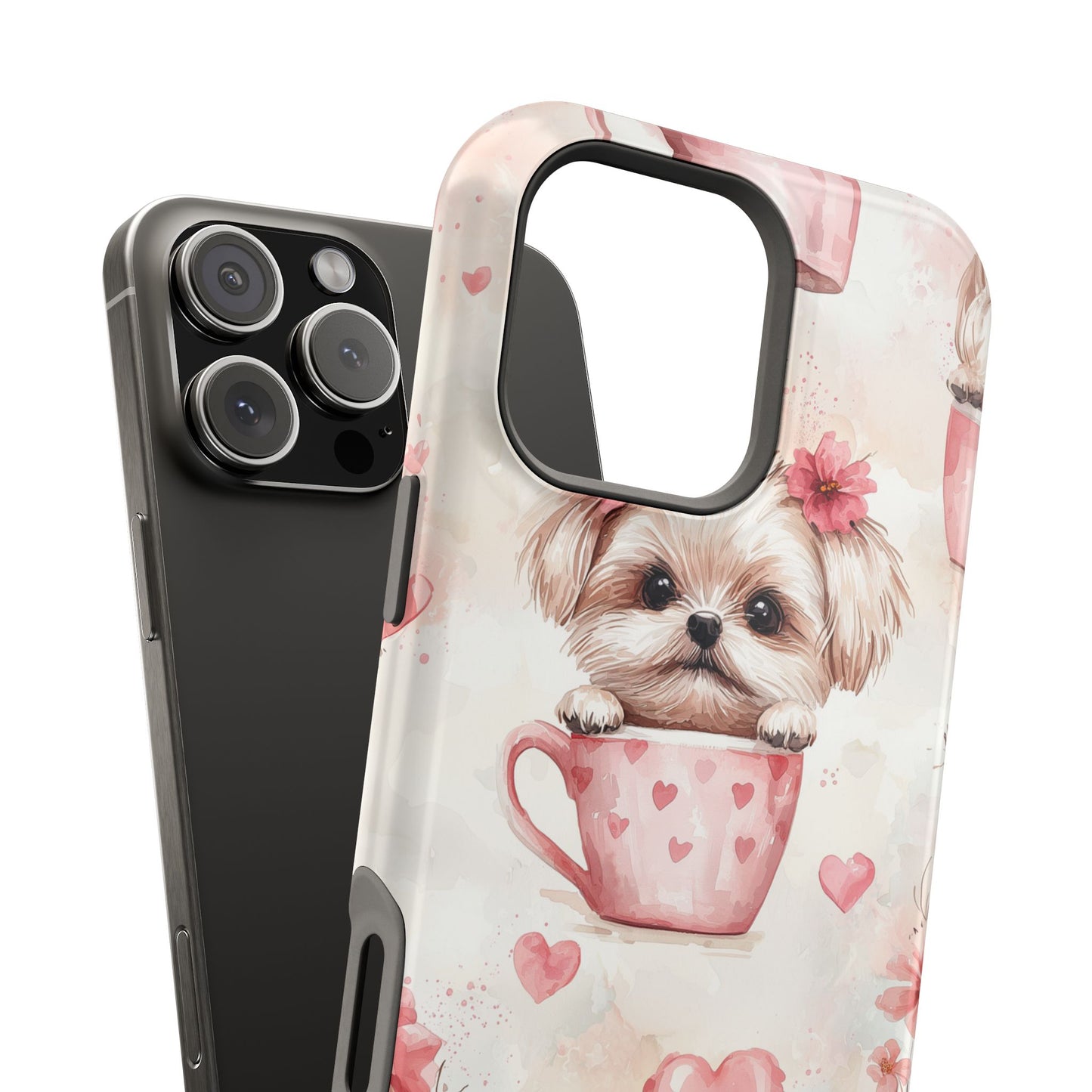 Floral Puppy in Teacup MagSafe iPhone Case – Cute Pink Flower Design, Tough Dual-Layer Protection