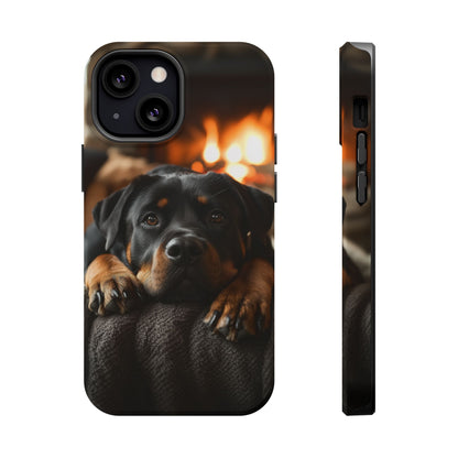 Cozy Rottweiler by the Fireplace MagSafe iPhone Case – Warm Rustic Design