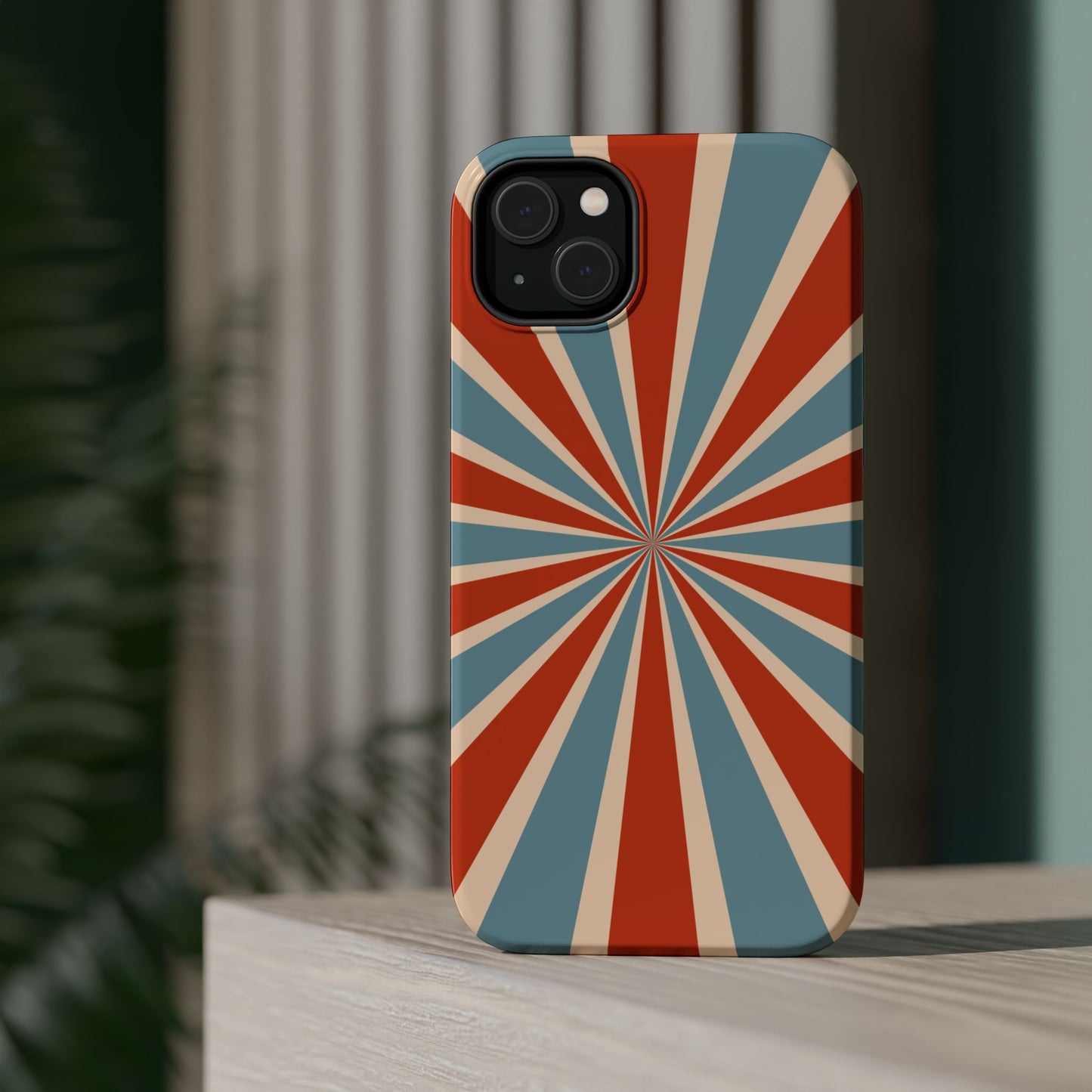 Vintage Blue & Red Sunburst MagSafe iPhone Case – Bold Geometric Pattern, Shock-Resistant Cover