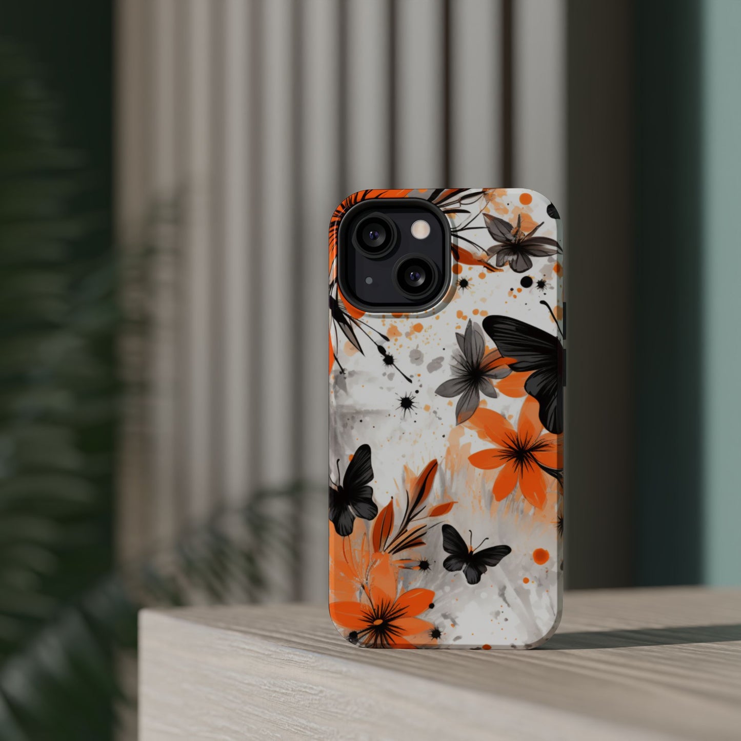 Orange Blossom & Black Butterfly MagSafe iPhone Case – Bold Floral Pattern with Modern Abstract Style