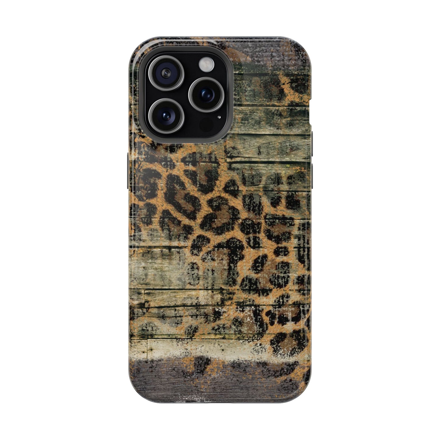 Rustic Wood and Leopard Print Tough MagSafe iPhone Case – Distressed Western Design with Dual-Layer Protection