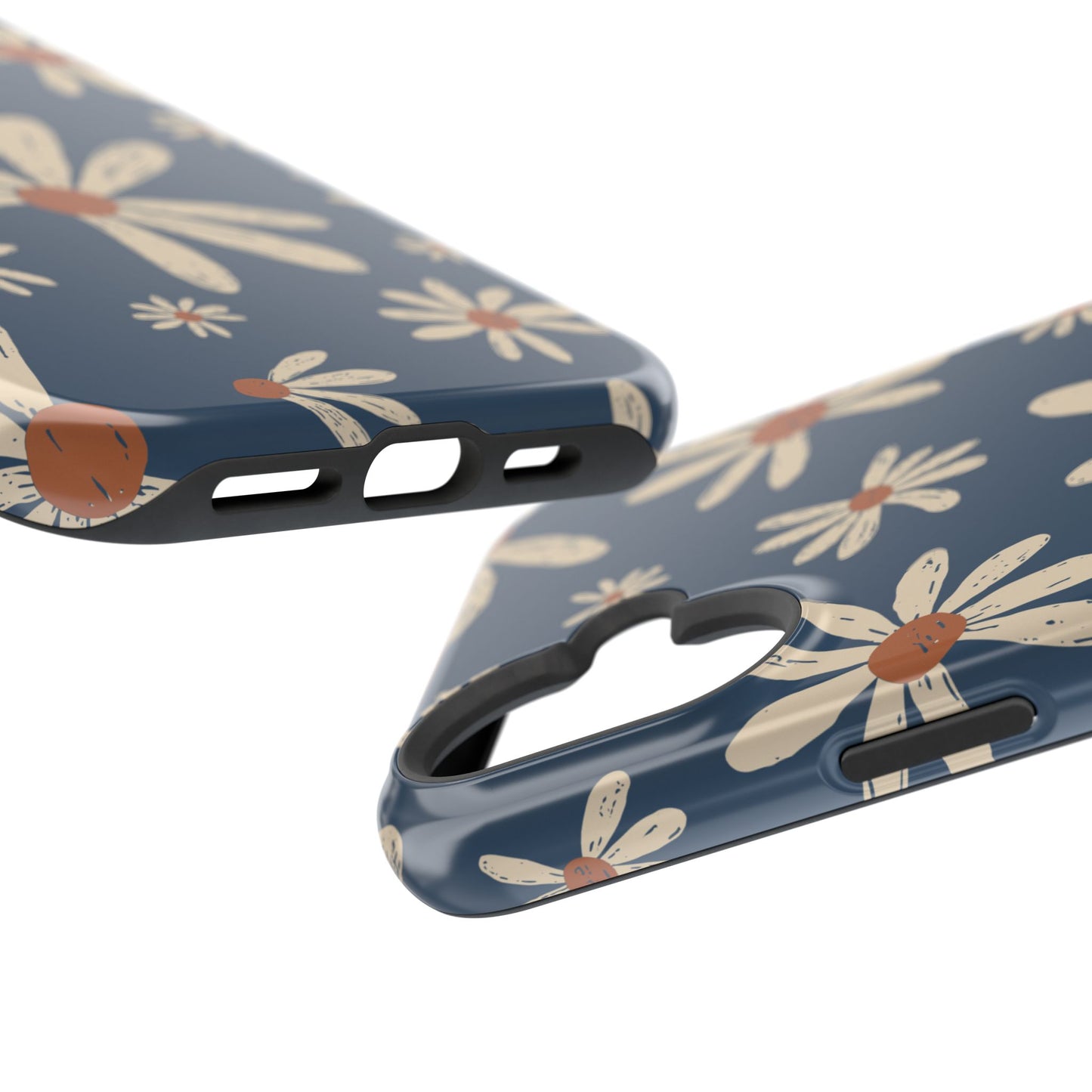 Vintage Daisies MagSafe iPhone Case – Navy Blue Floral Design, Scratch-Resistant with Shock-Absorbing Bumper