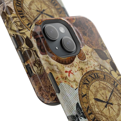 Steampunk Vintage Adventure MagSafe iPhone Case – Dual-Layer Protection with Antique Map and Clock Design