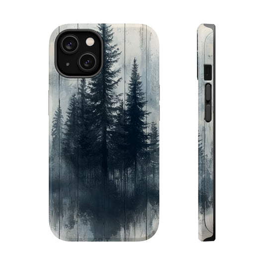 Rustic Pine Forest MagSafe iPhone Case - Blue Toned Woodland Design