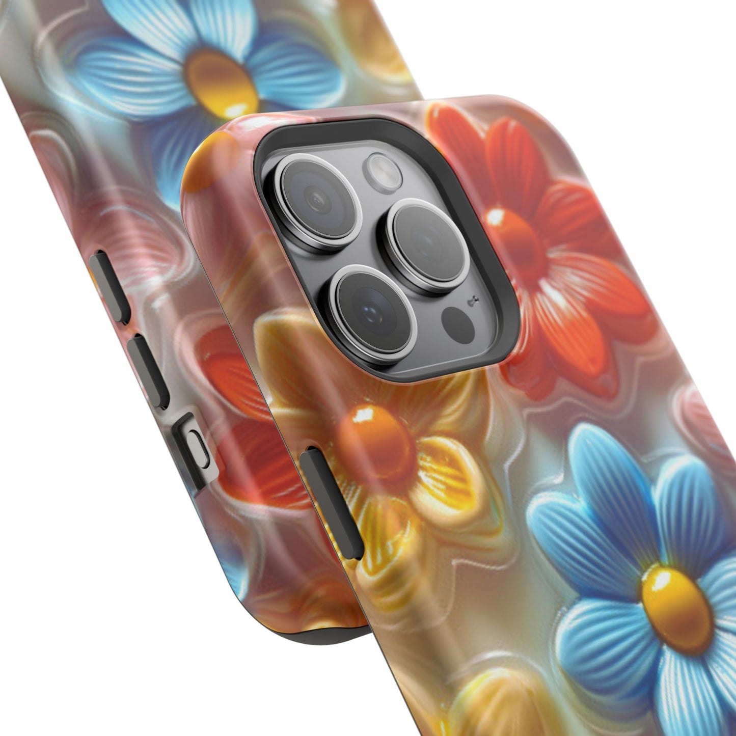 Glossy Retro Flower MagSafe iPhone Case – Colorful 3D Floral Design, Durable Protection