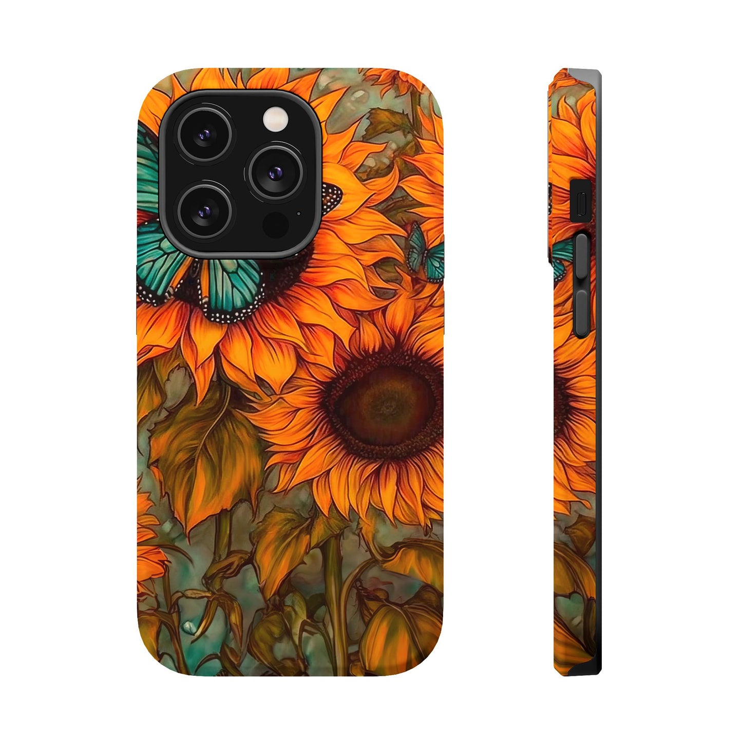 Vintage Blue Butterfly & Sunflower Art – MagSafe iPhone Case