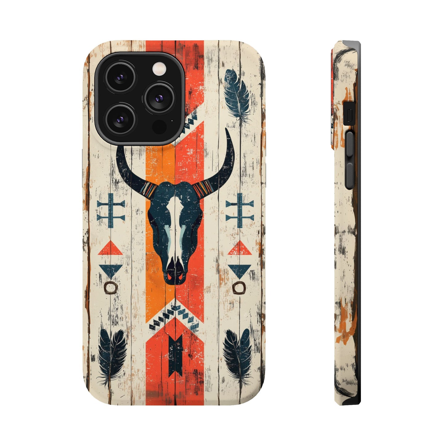 Rustic Western Bull Skull Tough MagSafe iPhone Case – Distressed Wood Design, Dual-Layer Protection