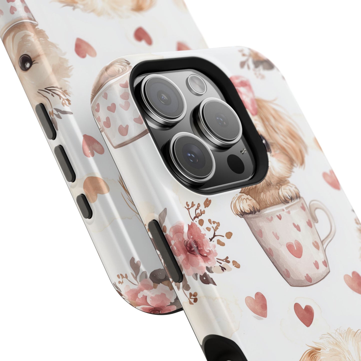 Cute Puppies in Heart MagSafe iPhone Case – Adorable Dog & Floral Design, Shockproof & Slim