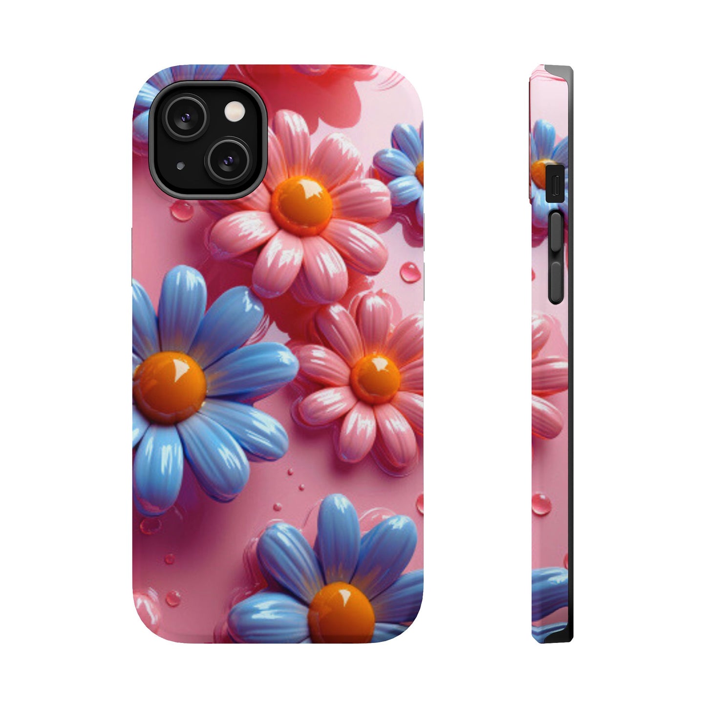 Pastel Daisy 3D MagSafe iPhone Case – Glossy Pink and Blue Floral Design, Full Protection