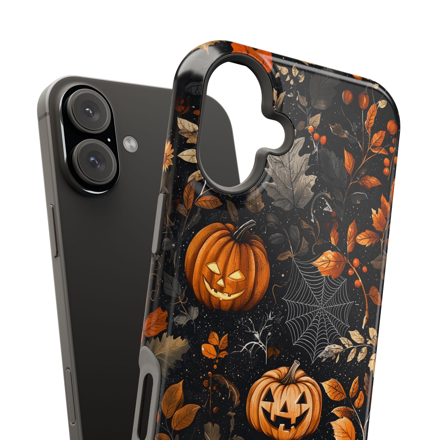 Elegant Halloween MagSafe iPhone Case – Pumpkin Jack-o'-Lanterns, Cobwebs & Autumn Foliage Design