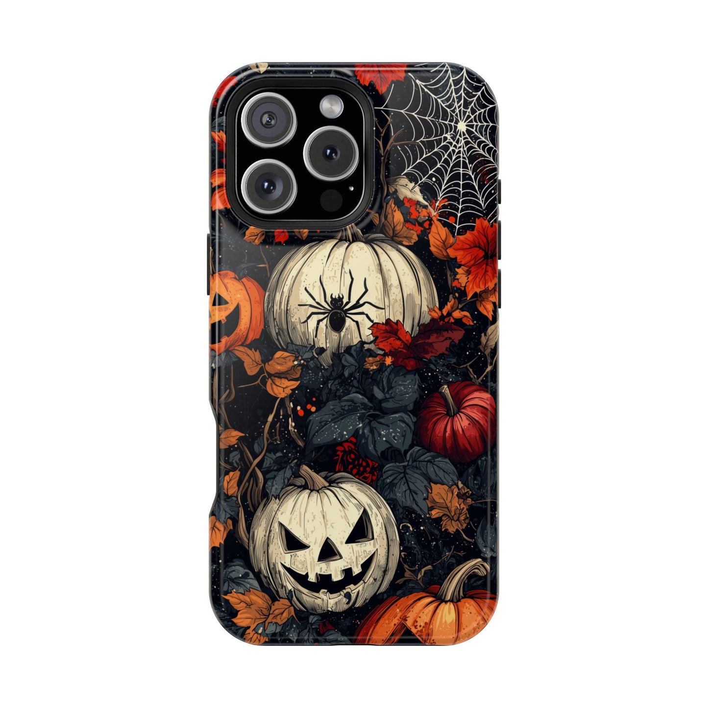 Hauntingly Elegant Halloween MagSafe iPhone Case – Pumpkins, Spiders, and Autumn Leaves Design