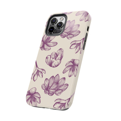 Vintage Botanical Floral Tough iPhone Case – Hand - Drawn Purple Flowers, Shockproof Design - BOGO Cases