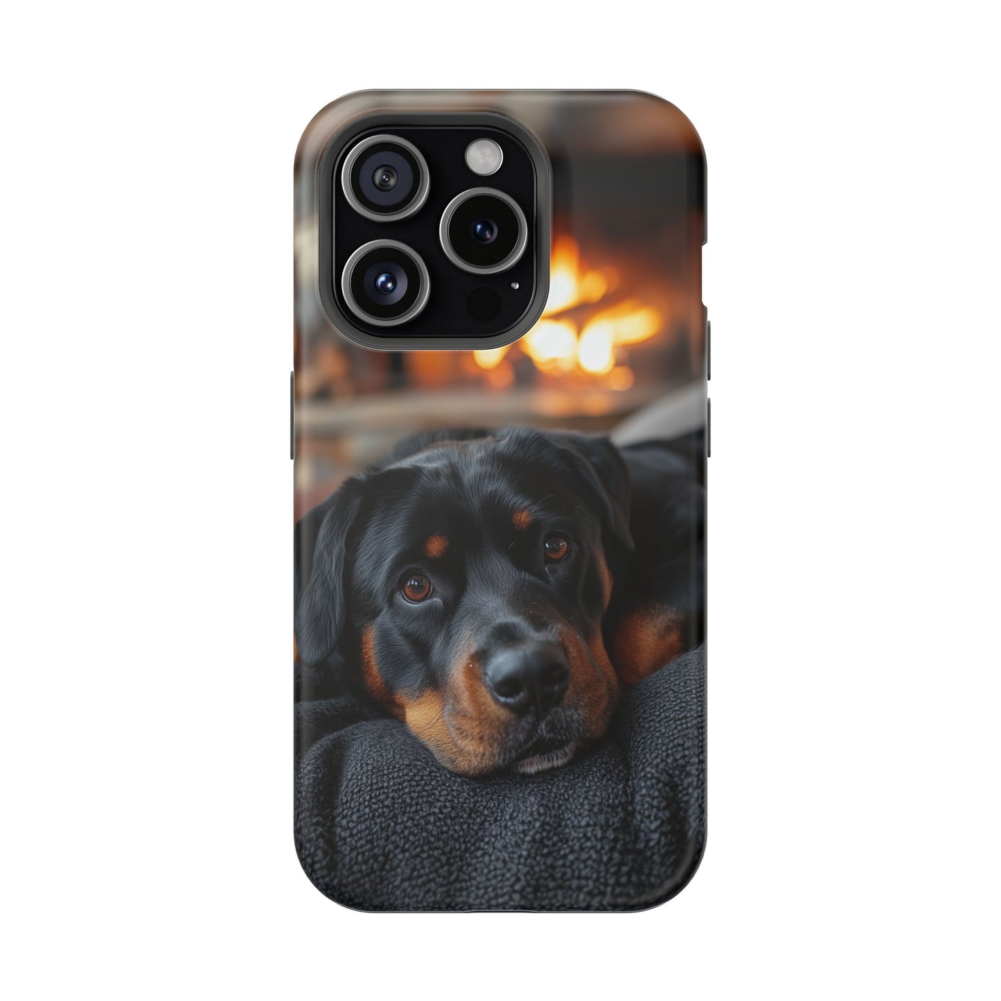 Charming Rottweiler by the Fireplace MagSafe iPhone Case – Cozy & Functional Design