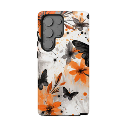 Orange Blossom & Black Butterfly Samsung Galaxy Case – Bold Floral Pattern with Modern Abstract Style