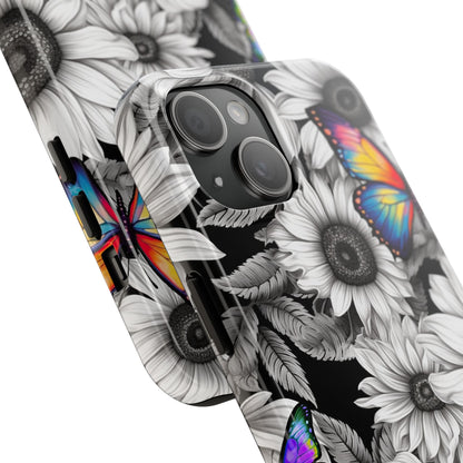 Rainbow Butterflies & Monochrome Sunflowers – iPhone Case