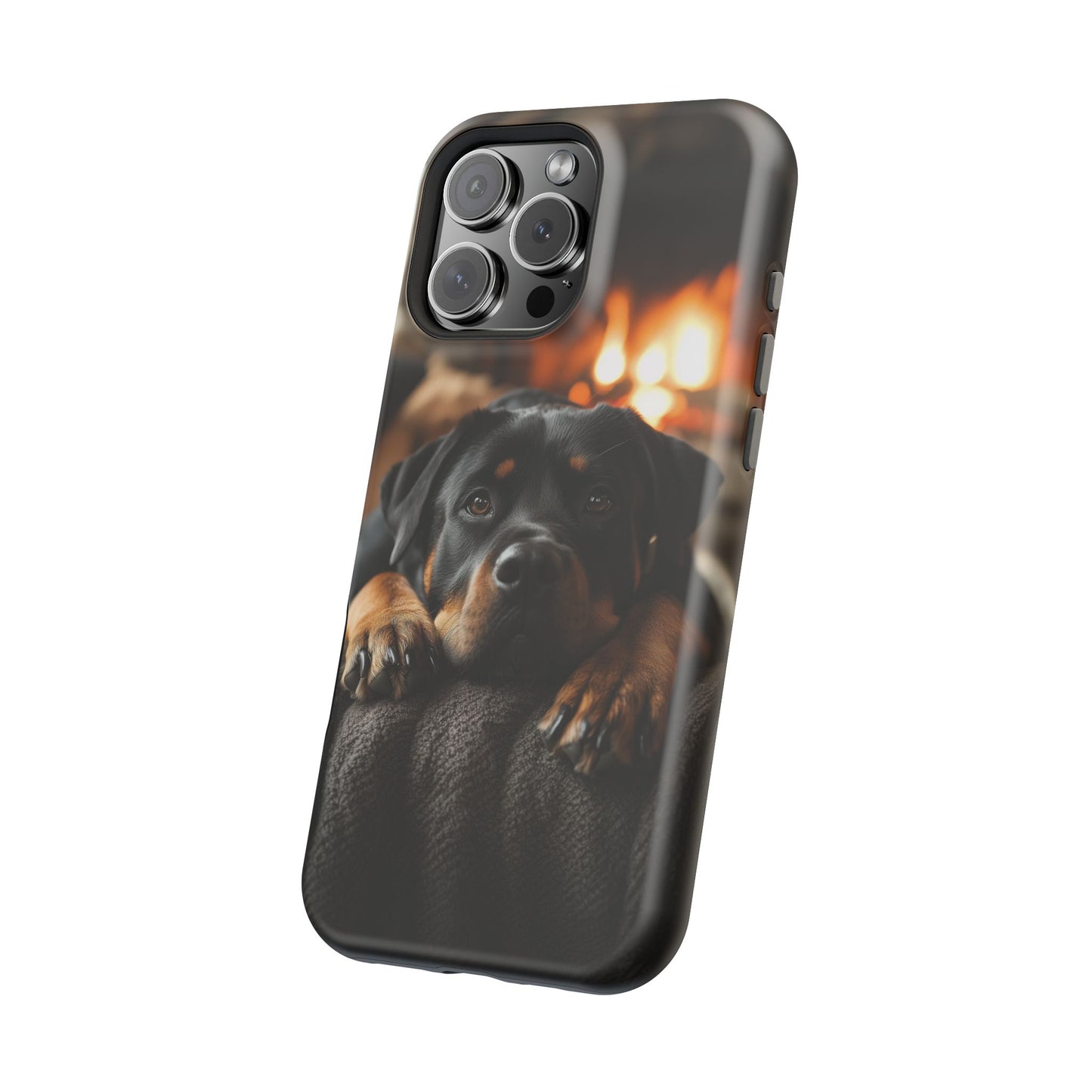 Cozy Rottweiler by the Fireplace MagSafe iPhone Case – Warm Rustic Design